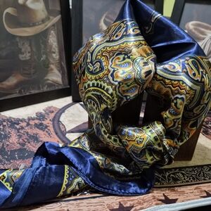 Elegant Paisley Silk Scarf - Navy and Gold A12 Wild Rag Western Wear 35x35